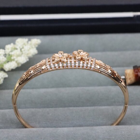Elegant Rose Gold Bangle with Twin Floral Diamond Accents, XPBL0588 - Picture 1 of 12